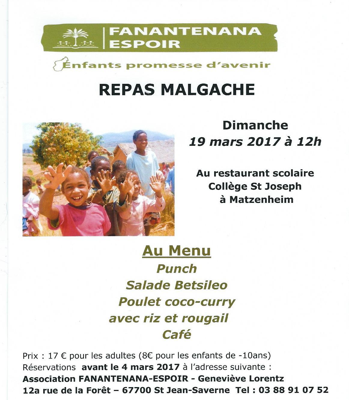 Flyer du repas malgache de l'association Fanantenana