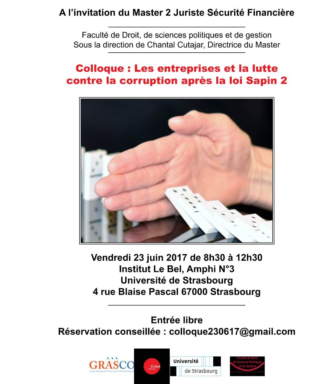 Colloque : Les entrepisres et la lutte contre la corruption après la loi Sapin 2. Vendredi 23 juin 2017 de 8h30 à 12h30