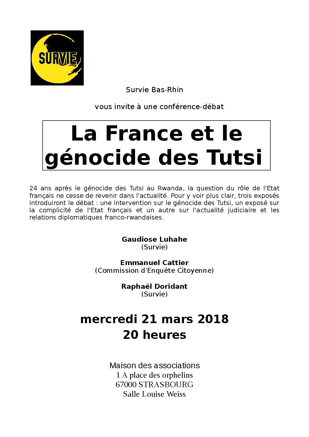 Survie Bas-Rhin, conférence-débat "La France et le génocide des Tutsi"